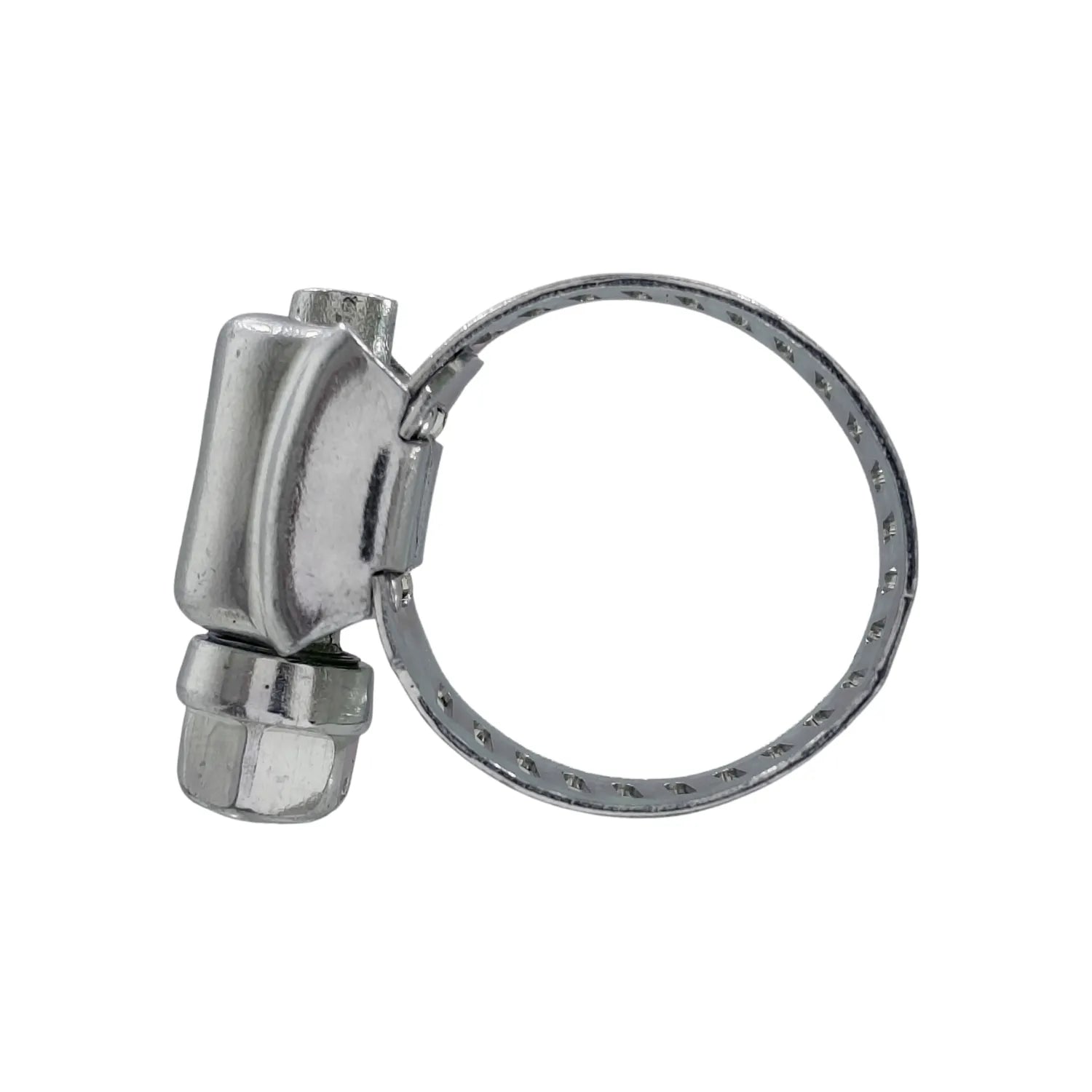 Abrazadera sin fin metálica para mangueras con sistema de tornillo y banda ajustable, ideal para sujeción firme.