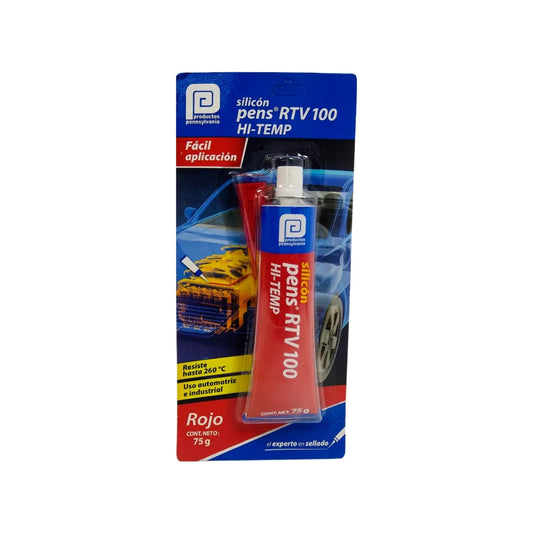 Sellador de silicón rojo Pennsylvania RTV 100 HI-TEMP 75g automotriz e industrial, resiste 260°C.