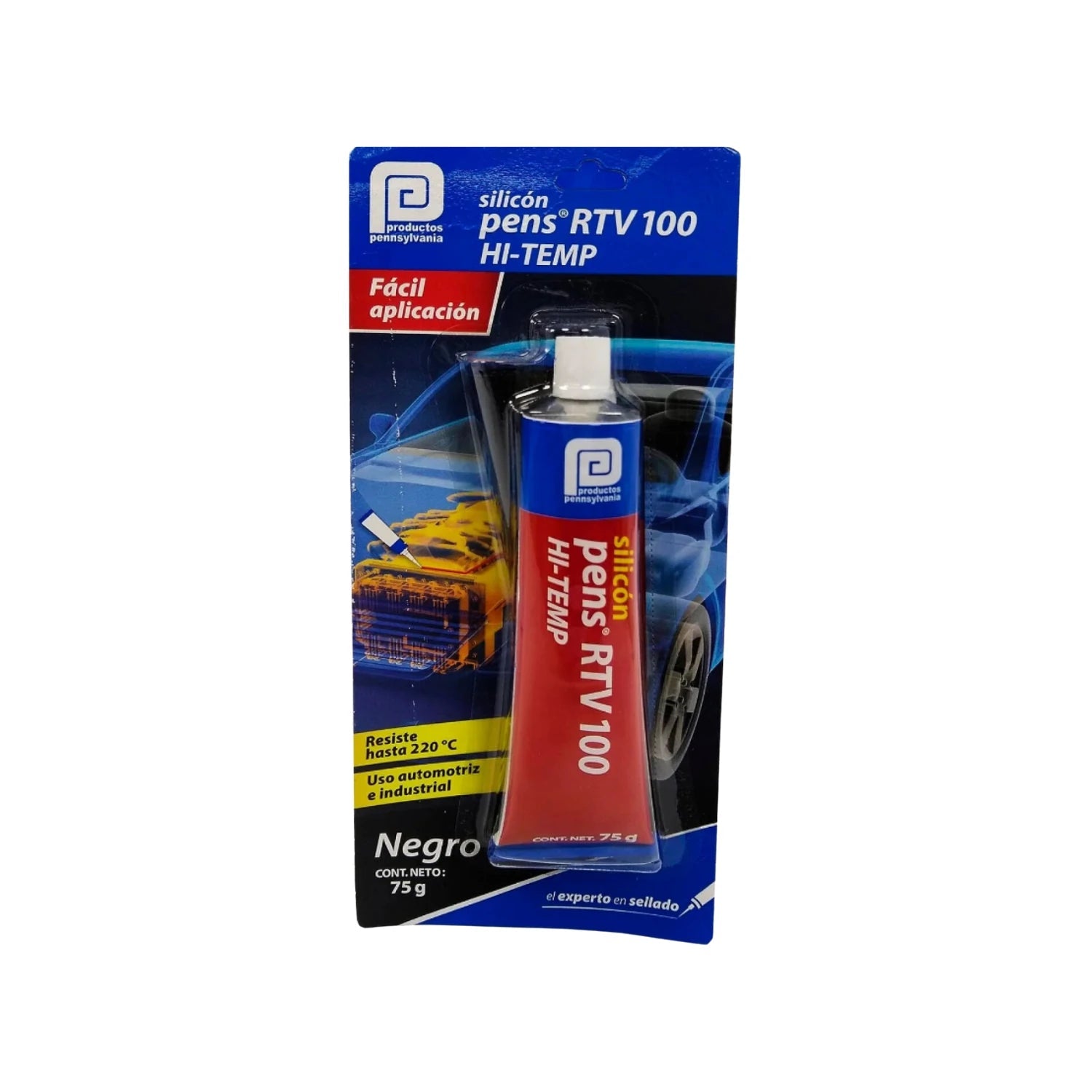 Silicona negra alta temperatura Pennsylvania RTV 100, 75g, para sellado automotriz e industrial hasta 220°C.