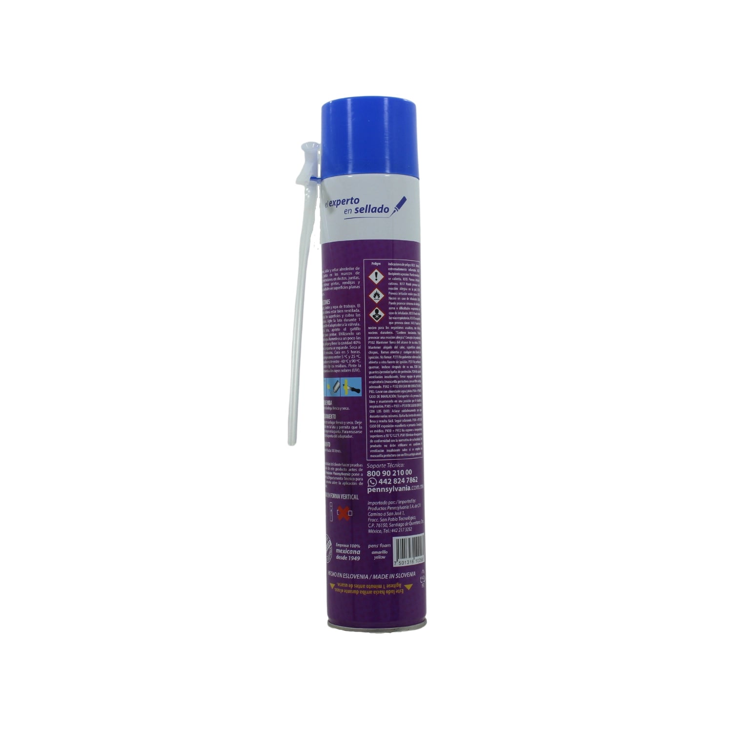 Bote de espuma expansiva de poliuretano Pennsylvania azul y morado con aplicador para sellado y aislamiento.
