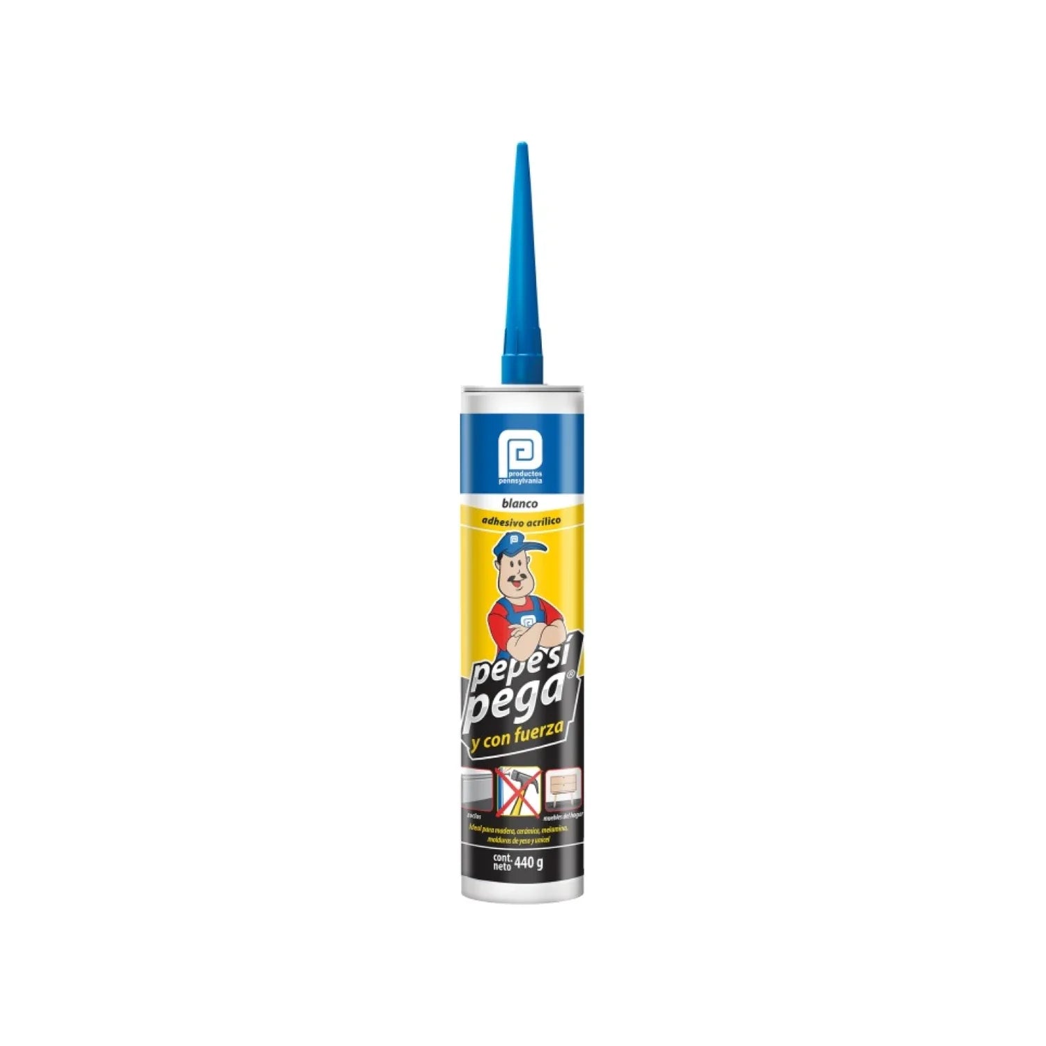Adhesivo blanco.,Contenido: 440 g,Excelente sustituto de clavos, pijas, tachuelas y tornillos.,Rápida adherencia.,Secado rápido.,No encoge.,Gran fuerza de agarre (51 kg/cm² en DIN 205).,Los restos pueden ser limpiados fácilmente con agua mientras se encuentra fresco.,Formulado para adherir una gran variedad de materiales como:,Poliestireno, madera natural y tratada, melanina, cerámica, barro, MDF (fibras de densidad media o fibras de madera), molduras de yeso.