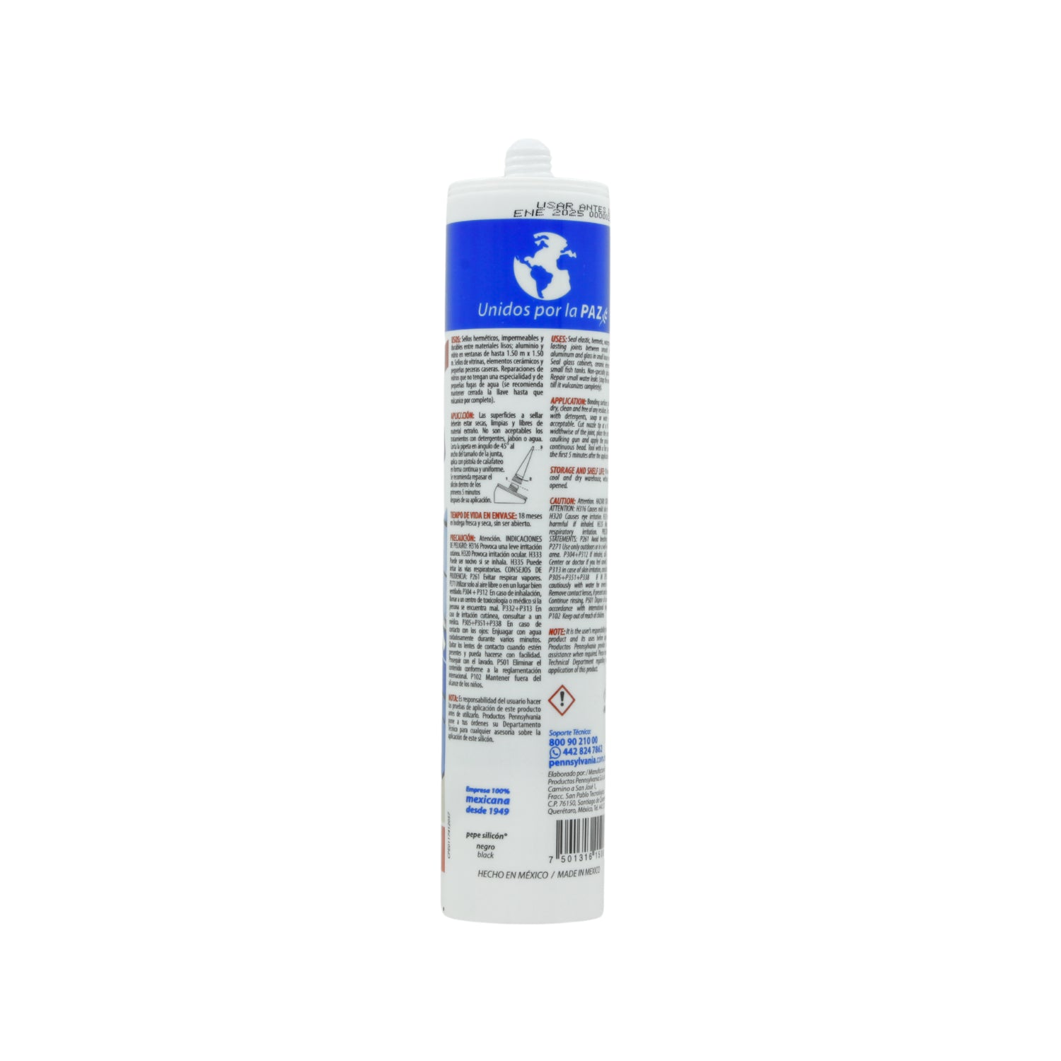 Silicón sellador negro Pennsylvania, cartucho para juntas y usos generales en construcción y hogar.