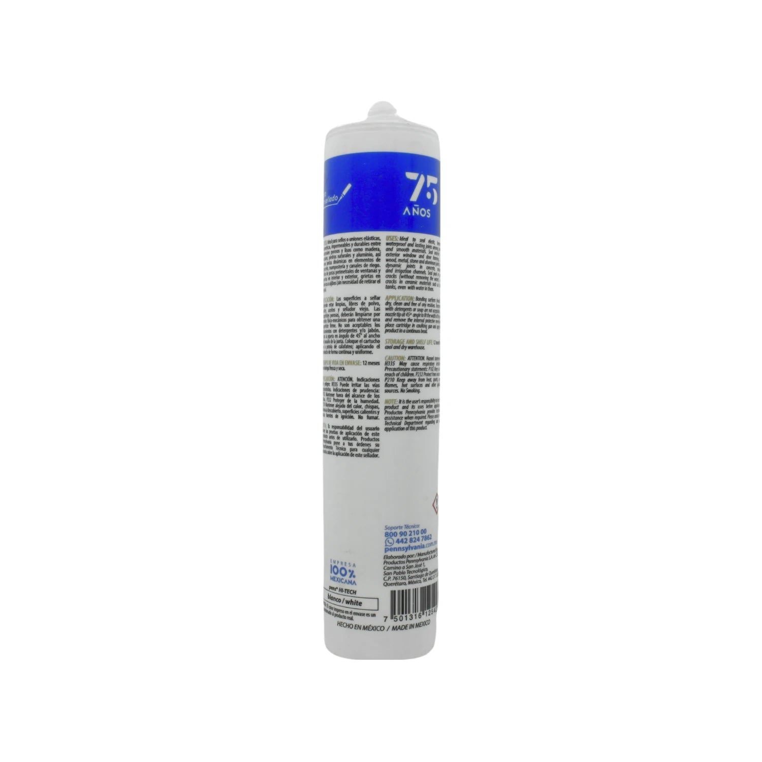 Sellador blanco híbrido Pennsylvania Hi-Tech en cartucho, ideal para juntas y aplicaciones de construcción.