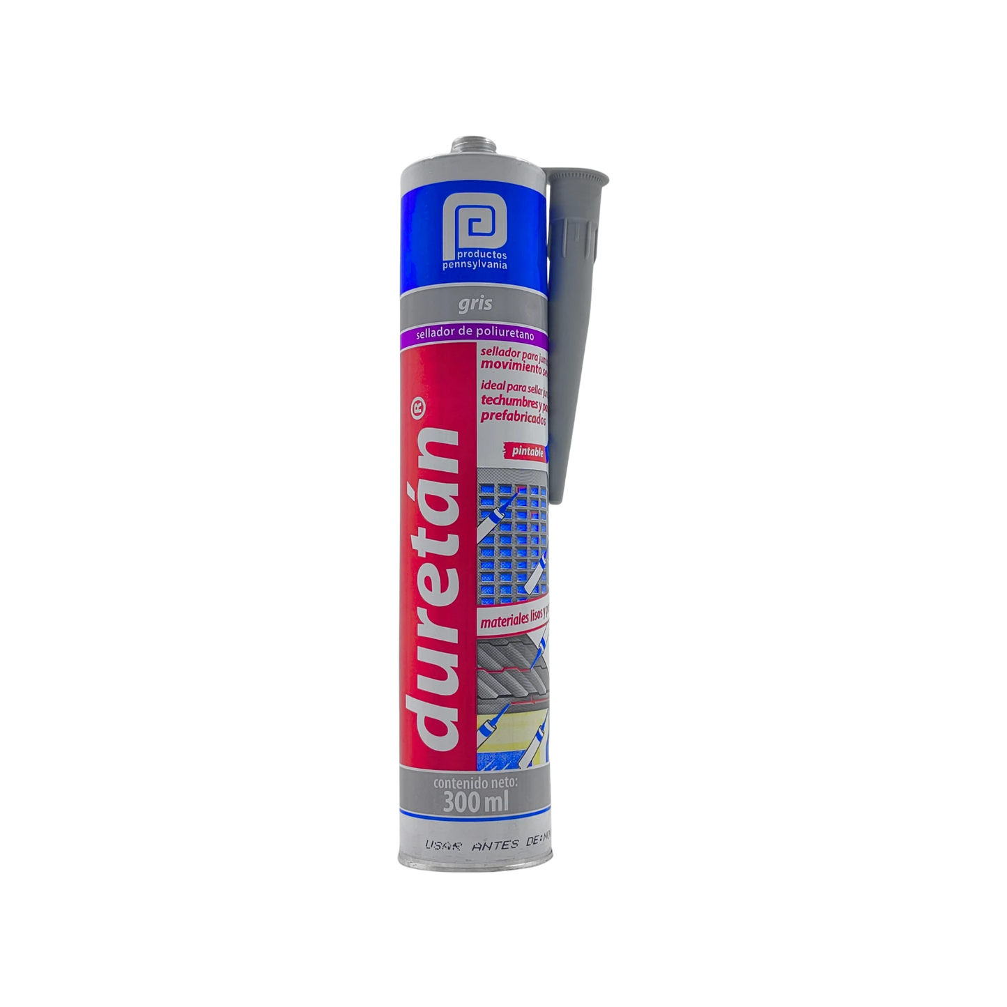 Sellador de poliuretano Duretán gris 300ml de Productos Pennsylvania, ideal para techos y juntas flexibles.