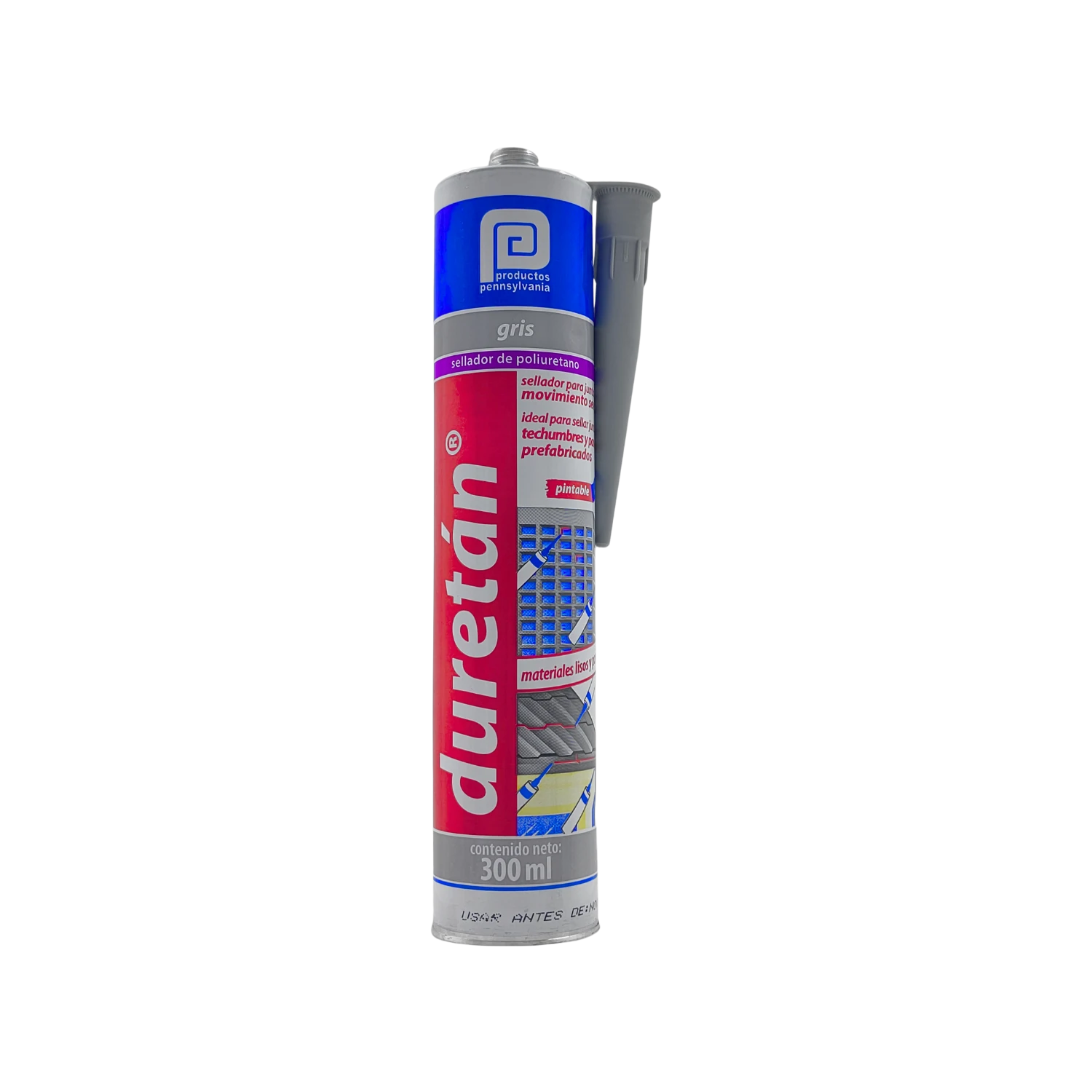 Sellador de poliuretano Duretán gris 300ml de Productos Pennsylvania, ideal para techos y juntas flexibles.