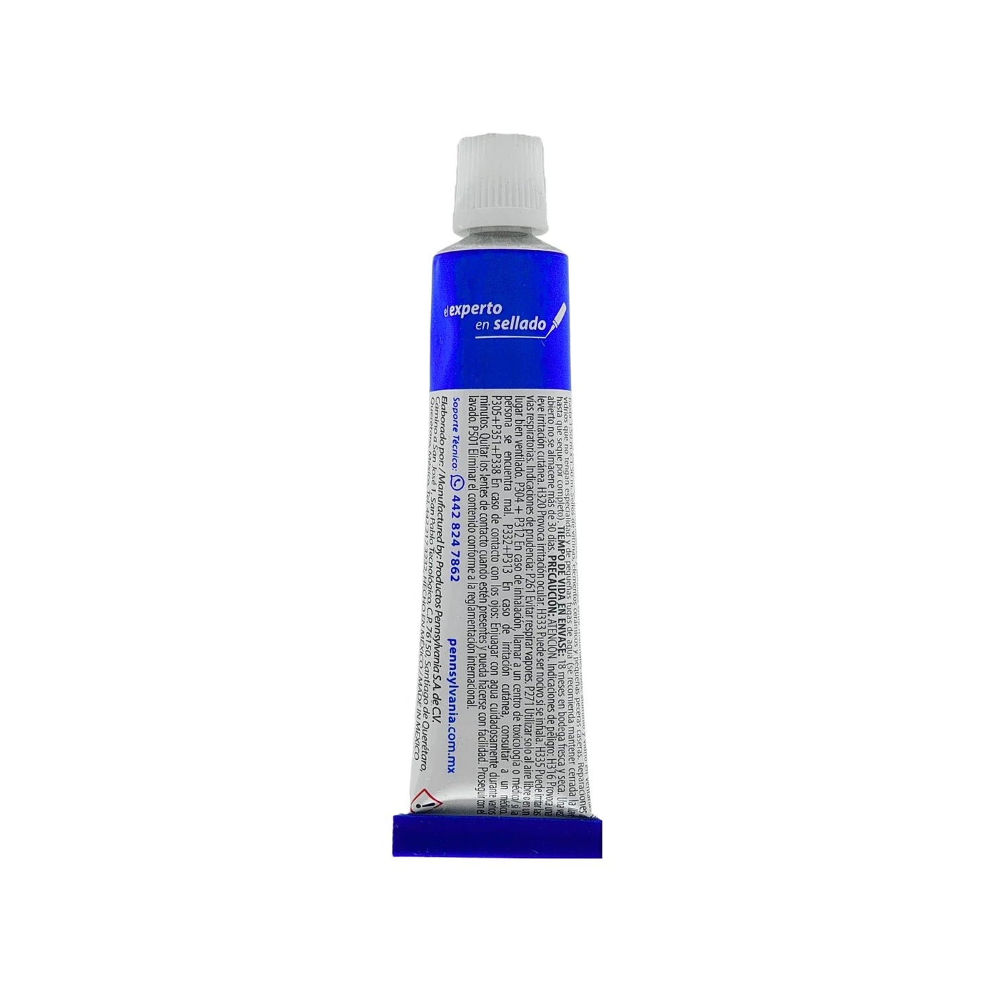 Tubo de silicón sellador azul marca Pennsylvania con tapa blanca, experto en sellado para uniones.