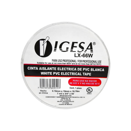 Cinta de aislar eléctrica Igesa blanca PVC 19mm x 16.76m, profesional 600V 80°C UL, para aislamiento.
