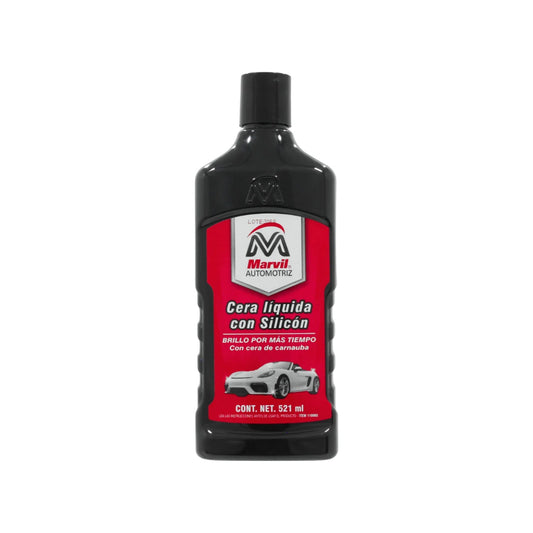 Cera líquida Marvil Automotriz con silicón y carnauba 521ml para brillo duradero, botella negra, etiqueta roja