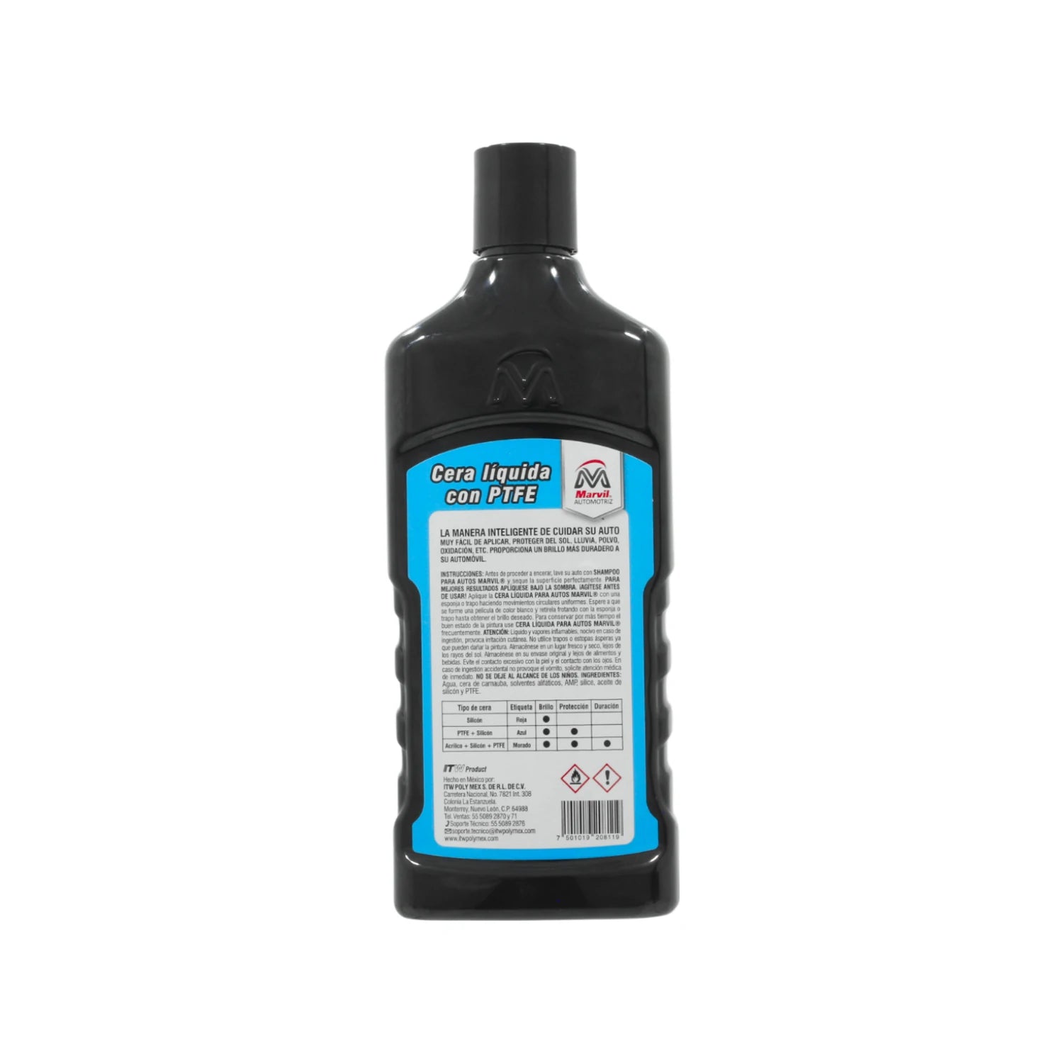 Cera líquida Marvil con PTFE (Teflón) para autos, alto brillo y protección, botella negra con etiqueta azul
