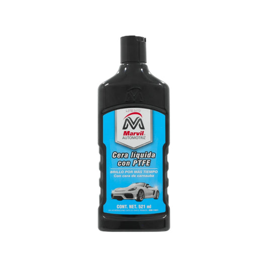 Cera automotriz líquida Marvil con teflón y carnauba 521 ml, para brillo y protección de pintura de autos, botella negra.