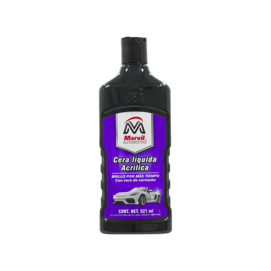Cera líquida acrílica automotriz Marvil 521ml, fórmula con carnauba para brillo intenso en autos.