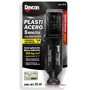 Adhesivo epóxico con carga de acero para reparaciones sobre distintos tipos de superficies.,Rellenado de grietas o fisuras milimétricas y motores.,Curado al tacto: 5 minutos.,Curado total: 1 hora.