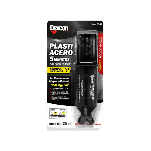 Adhesivo epóxico con carga de acero para reparaciones sobre distintos tipos de superficies.,Rellenado de grietas o fisuras milimétricas y motores.,Curado al tacto: 5 minutos.,Curado total: 1 hora.