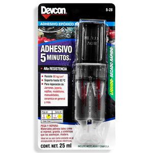 Adhesivo epoxico de endurecimiento rápido.,Reparaciones de emergencia.,Ideal en su uso como aislante en el encapsulado de cerámica en general, juguetes, trabajos de joyería, enconación de bocina.,Ideal en el pegado de materiales pétreos tales como mármol, granito y sintéticos que lo asemejan.,Pegado y resanado de madera en trabajos de carpintería.,Resiste 90 kg / cm2,Soporta hasta 93°C,Se aplica en 5 minutos, cura en 1 hora.