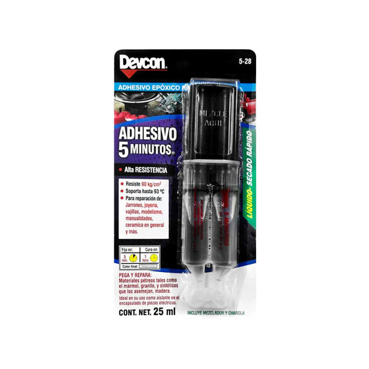 Adhesivo epoxico de endurecimiento rápido.,Reparaciones de emergencia.,Ideal en su uso como aislante en el encapsulado de cerámica en general, juguetes, trabajos de joyería, enconación de bocina.,Ideal en el pegado de materiales pétreos tales como mármol, granito y sintéticos que lo asemejan.,Pegado y resanado de madera en trabajos de carpintería.,Resiste 90 kg / cm2,Soporta hasta 93°C,Se aplica en 5 minutos, cura en 1 hora.