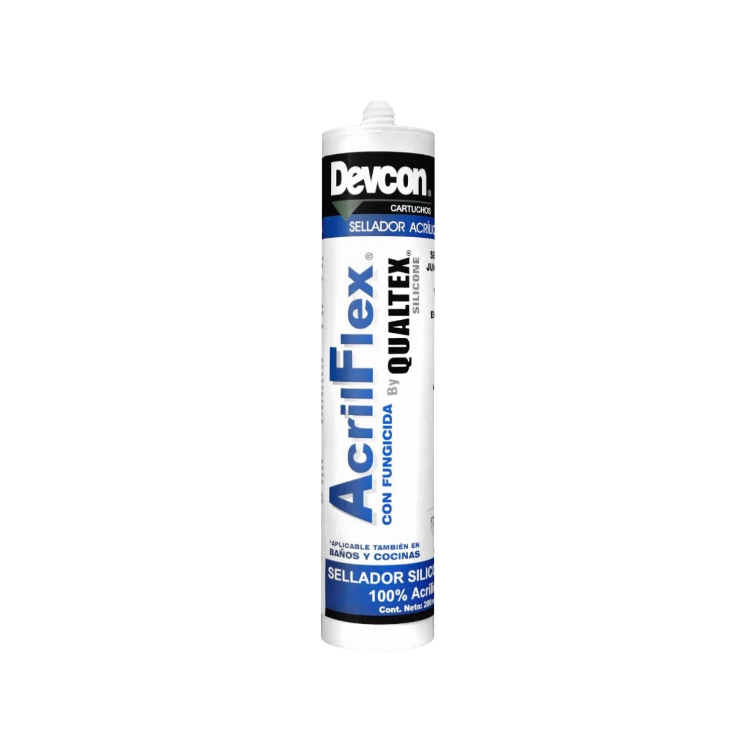 Sellador acrílico Devcon AcrilFlex blanco 280ml con fungicida para baños y cocinas.