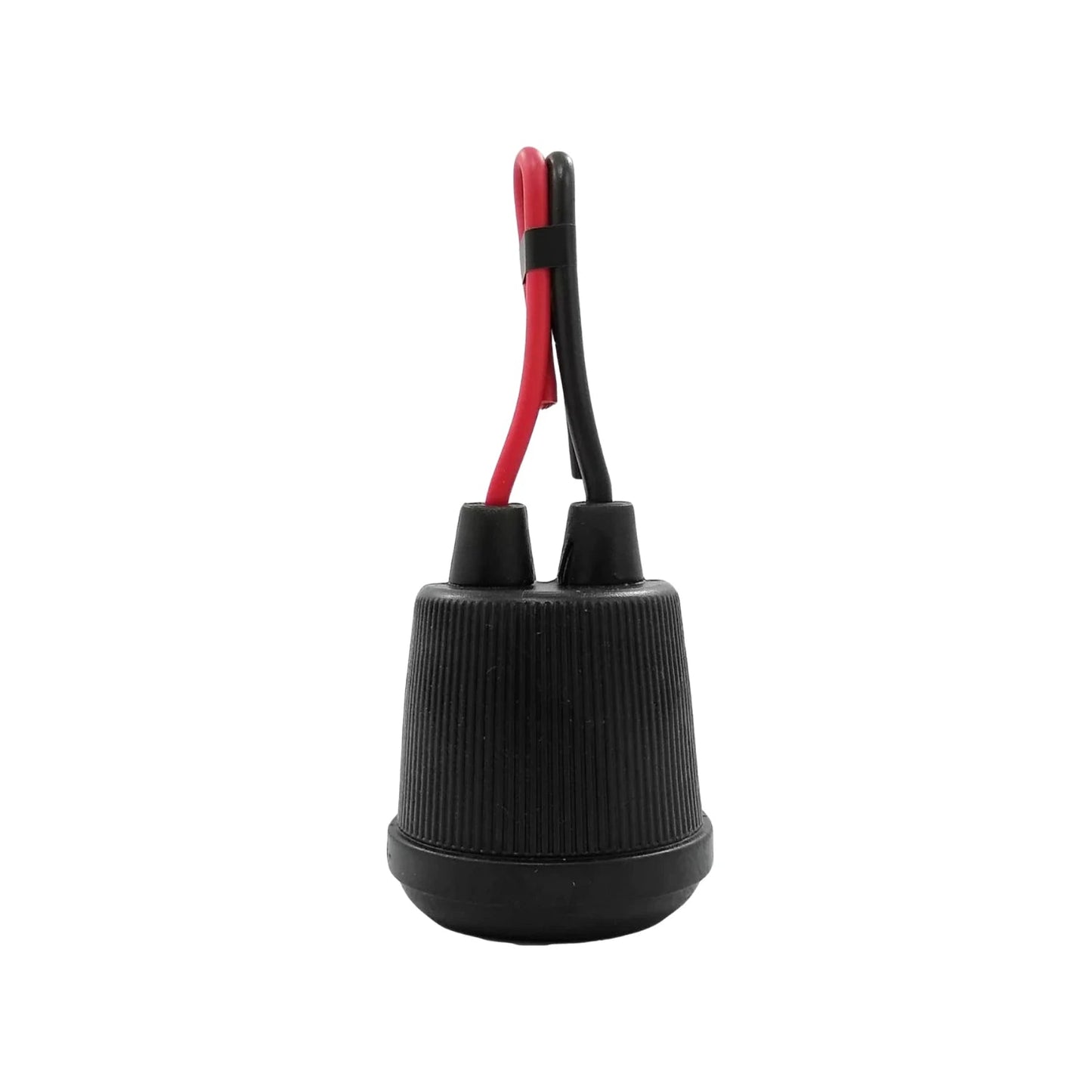 Socket eléctrico de intemperie negro con cuerpo rayado y cables rojo/negro, ideal para uso en exteriores.