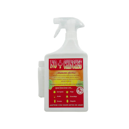 Botella blanca de insecticida spray 'No + Chinches' para garrapatas, pulgas, arañas, termitas y escarabajos del hogar.