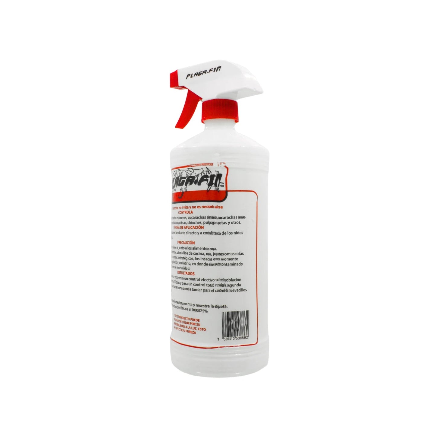 Insecticida Plaga Fin en botella blanca con pulverizador rojo, para control de insectos y plagas domésticas.