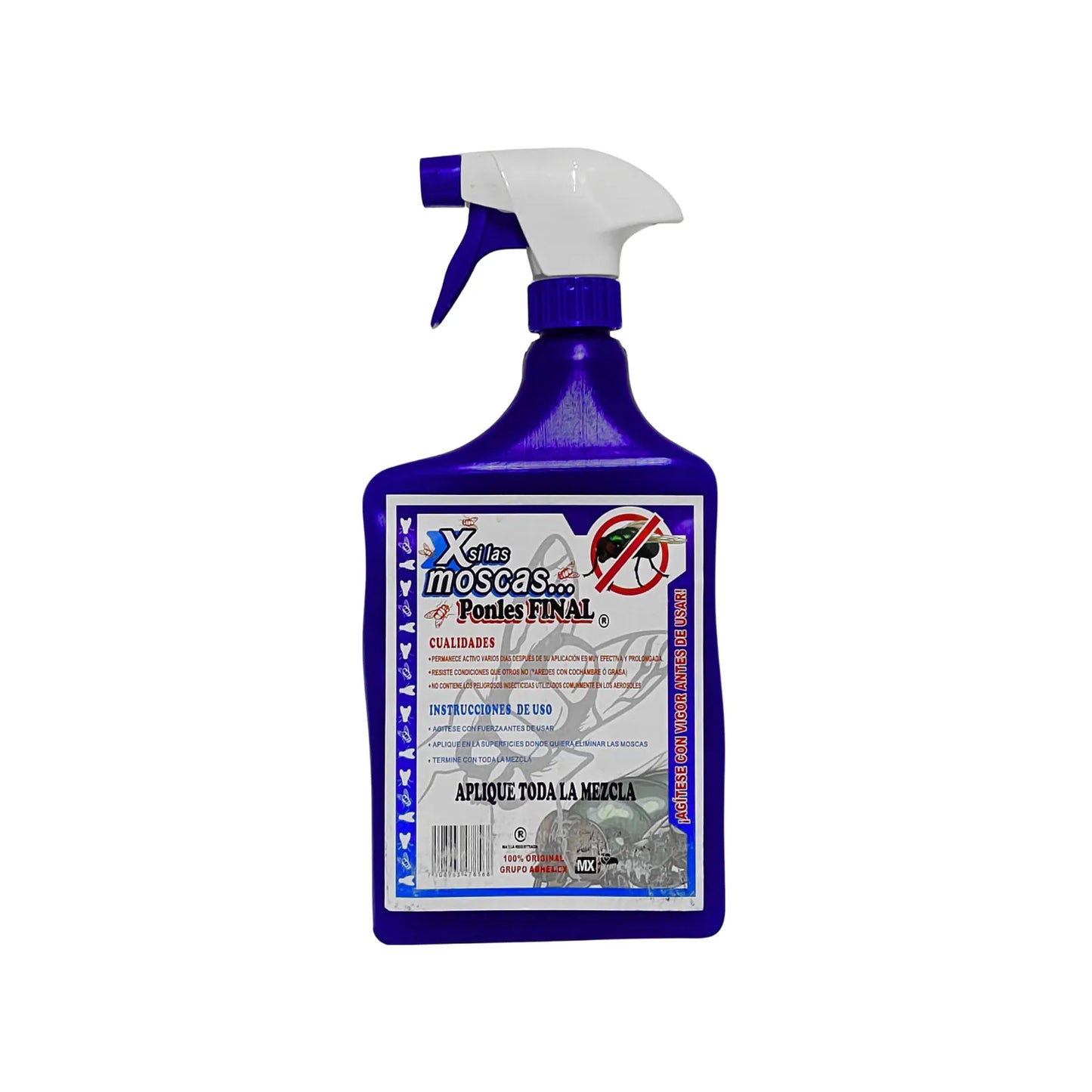 Insecticida spray para moscas Xsilas, botella azul con gatillo blanco para control de plagas del hogar