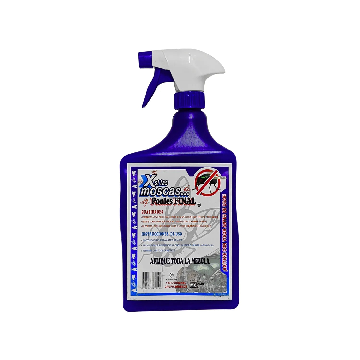 Insecticida spray para moscas Xsilas, botella azul con gatillo blanco para control de plagas del hogar