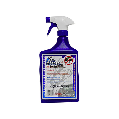 Insecticida spray para moscas Xsilas, botella azul con gatillo blanco para control de plagas del hogar