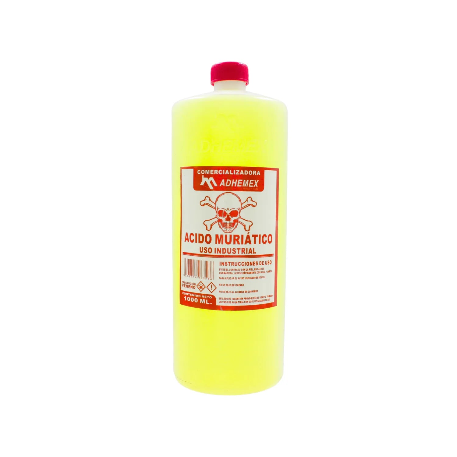 Ácido muriático Adhemex 1L para uso industrial, potente limpiador y desincrustante en botella de 1000 ml.