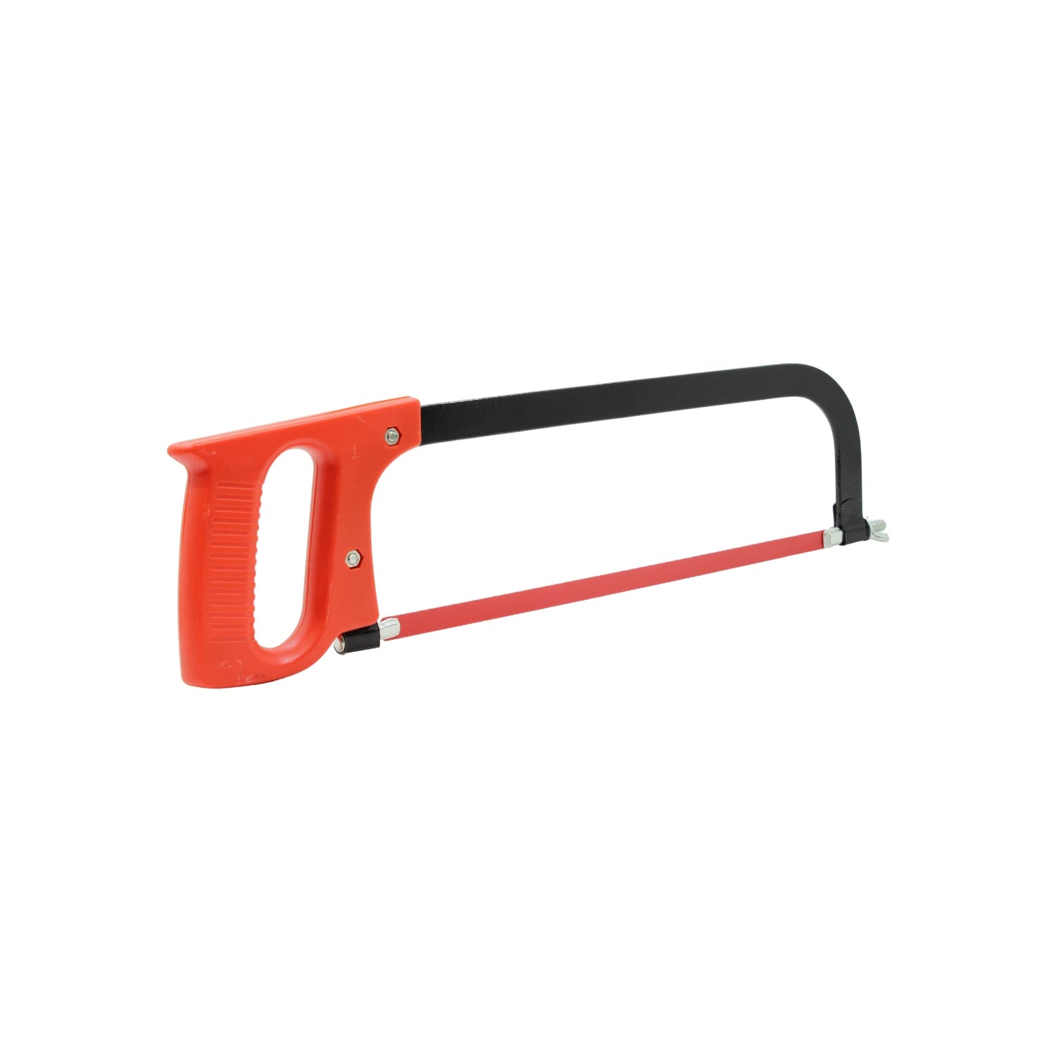 Arco de segueta con mango de plástico naranja, sierra roja y marco negro para corte de metal.