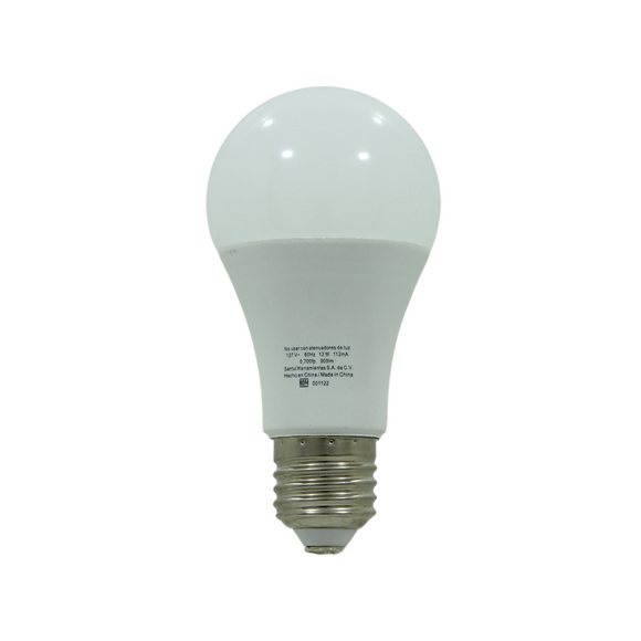 Cuerpo de plástico ABS,Rosca metálica.,Luz LED,Luz fría.,Uso interior.,Tensión 220 V,12 W,60 Hz,900 lm,10000 horas de vida.,Distribución de luz omnidireccional.,112 mm x 60 mm,Base E27,Norma aplicable: NOM-030-ENER-2016,No usar con reguladores de intensidad luminosa (dimmers) o fotocelda.,No utilizar en lugares húmedos.