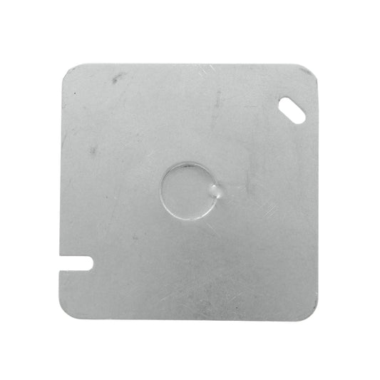 Tapa cuadrada de metal gris para caja eléctrica, con pre-perforación central y orificios de fijación.