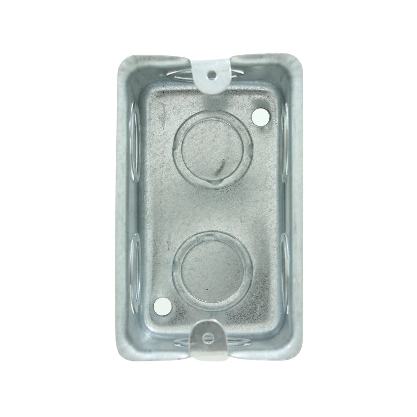 Caja eléctrica metálica galvanizada, tipo chalupa, con knockouts de 3/4 para cableado empotrado.