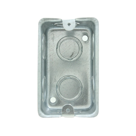 Caja eléctrica metálica galvanizada, tipo chalupa, con knockouts de 3/4 para cableado empotrado.