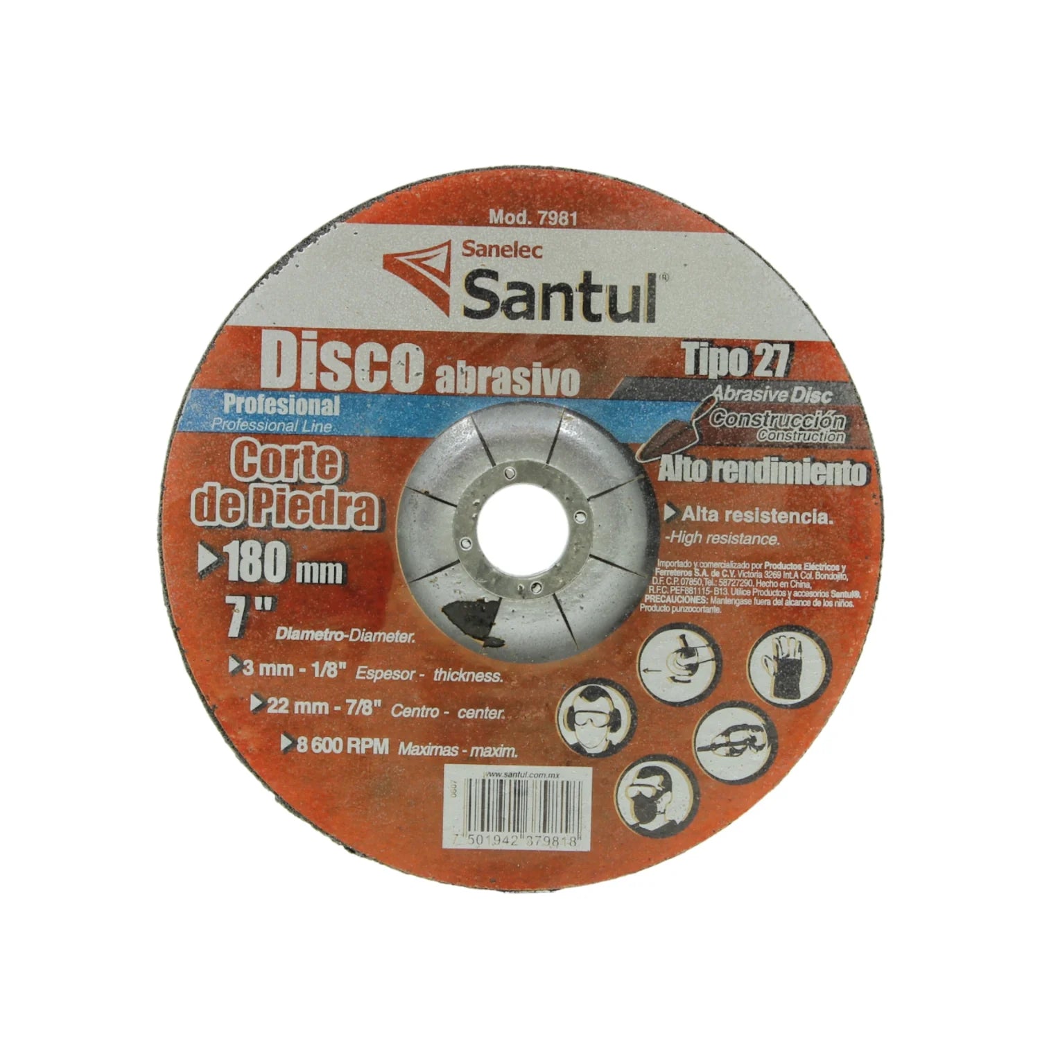Elaborado de carburo de silicio.,Corte de piedra.,Diámetro: 7"(180 mm).,Eje: 7/8"(22.23 mm).,Espesor: 1/8" (3 mm).,Velocidad 8600 RPM,Malla de fibra de vidrio.,Alta resistencia al desgaste.,Manténgase fuera del alcance de los niños.,Usar guantes y lentes de protección al momento de su uso.
