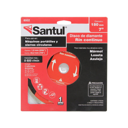 Disco de diamante Santul 180mm (7") rín continuo para corte de mármol, loseta, azulejo en sierras circulares.