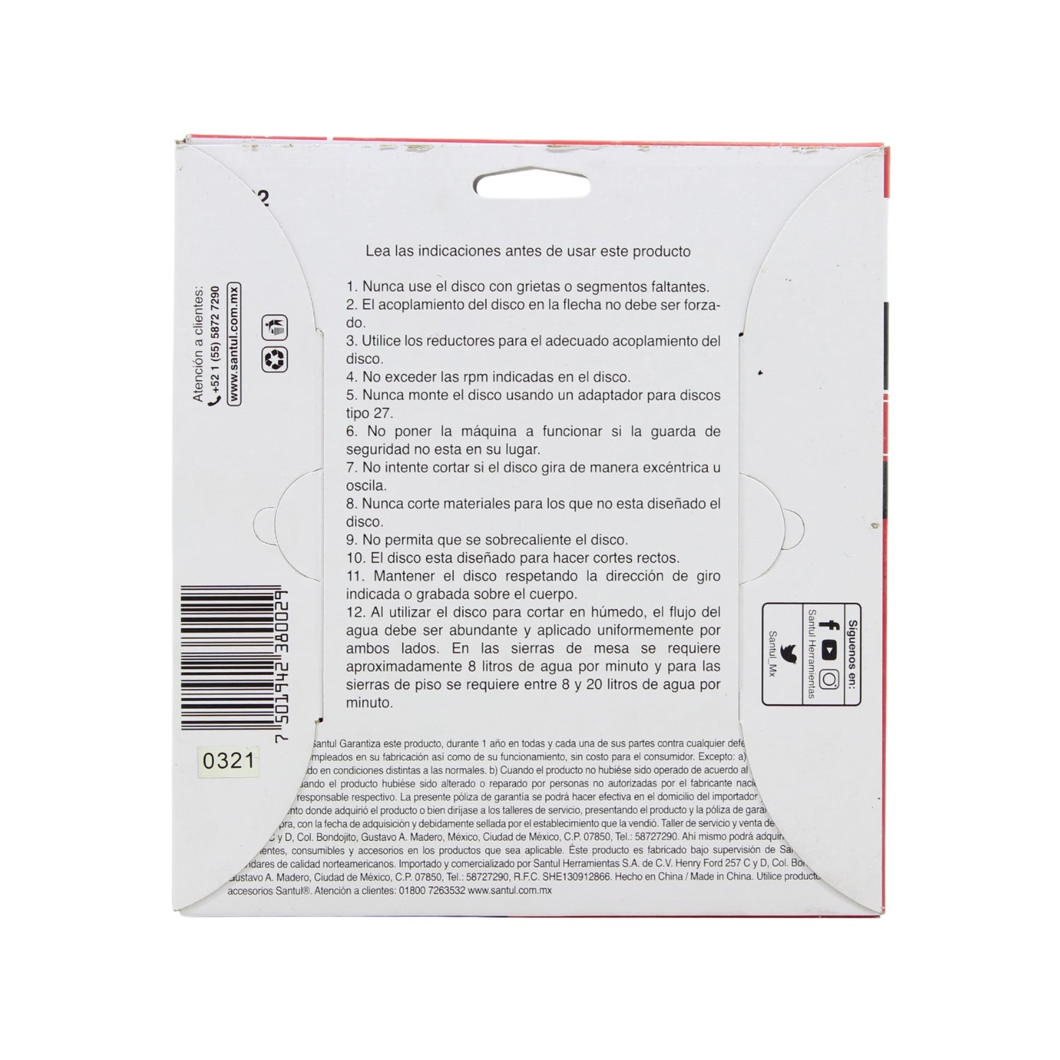 Caja de disco Santul diamantado para corte, con advertencias y detalles de seguridad en español