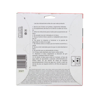 Caja de disco Santul diamantado para corte, con advertencias y detalles de seguridad en español