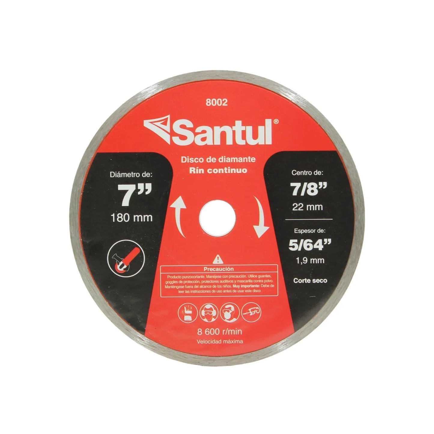 Disco diamante rín continuo.,Corte para materiales de construcción.,Diámetro: 7"(180 mm).,Eje: 7/8"(22.23 mm).,Espesor: 5/64" (1.9 mm).,Velocidad 8600 RPM,Corte en seco.,Alta resistencia.,Para concreto, ladrillo, mármol y otras piedras excepto granito.,Incluye 2 reductores de bronce.,Para máquinas portátiles y sierras circulares.,Manténgase fuera del alcance de los niños.,Usar guantes y lentes de protección al momento de su uso.