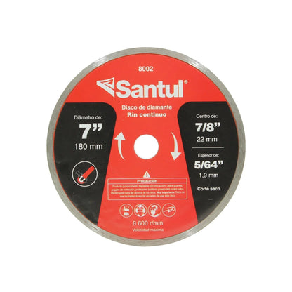 Disco diamante rín continuo.,Corte para materiales de construcción.,Diámetro: 7"(180 mm).,Eje: 7/8"(22.23 mm).,Espesor: 5/64" (1.9 mm).,Velocidad 8600 RPM,Corte en seco.,Alta resistencia.,Para concreto, ladrillo, mármol y otras piedras excepto granito.,Incluye 2 reductores de bronce.,Para máquinas portátiles y sierras circulares.,Manténgase fuera del alcance de los niños.,Usar guantes y lentes de protección al momento de su uso.