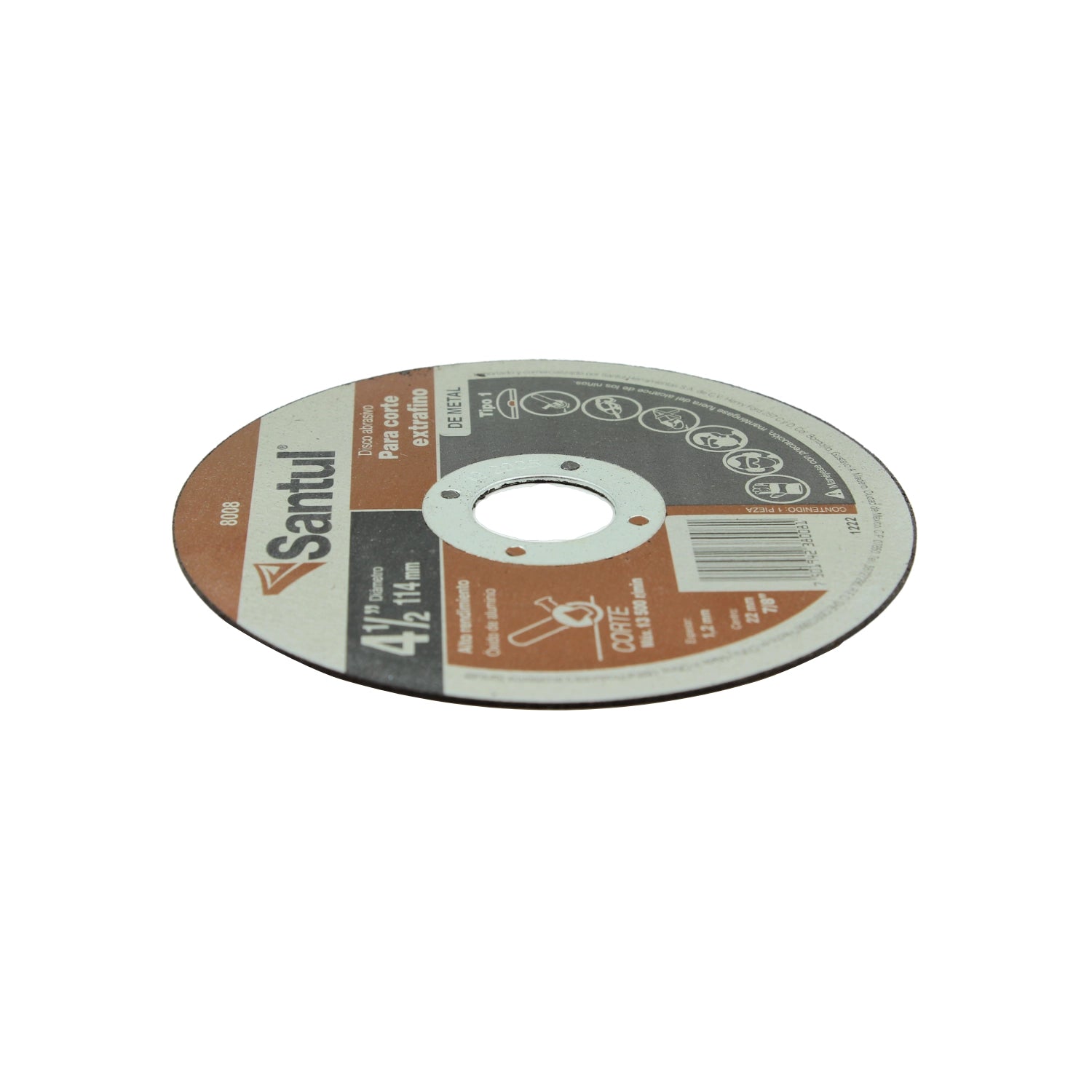 Disco de corte abrasivo Santul 8008 extrafino de 4 1/2 pulgadas (114mm) para metal, 1.2mm de espesor.