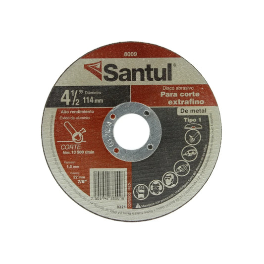 Fabricado de  óxido de aluminio.,Corte extra fino de metal.,Diámetro: 4 1/2"(114 mm).,Eje:7/8" (22 mm).,Espesor: 1.6 mm,Tipo 1,Velocidad 13500 RPM,Malla de vidrio.,Alta resistencia al desgaste.,Usar guantes y lentes de protección al momento de su uso.