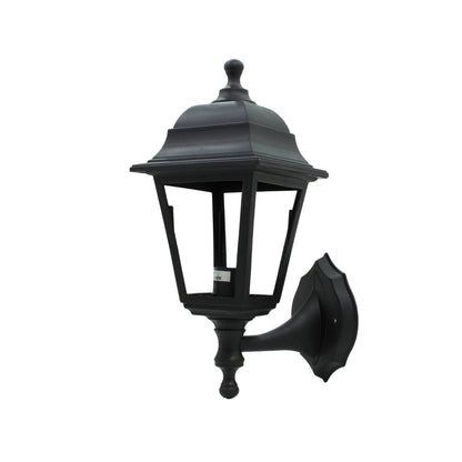Lámpara farol clásico de pared de plástico negro, estilo vintage para iluminación exterior de jardines y patios.