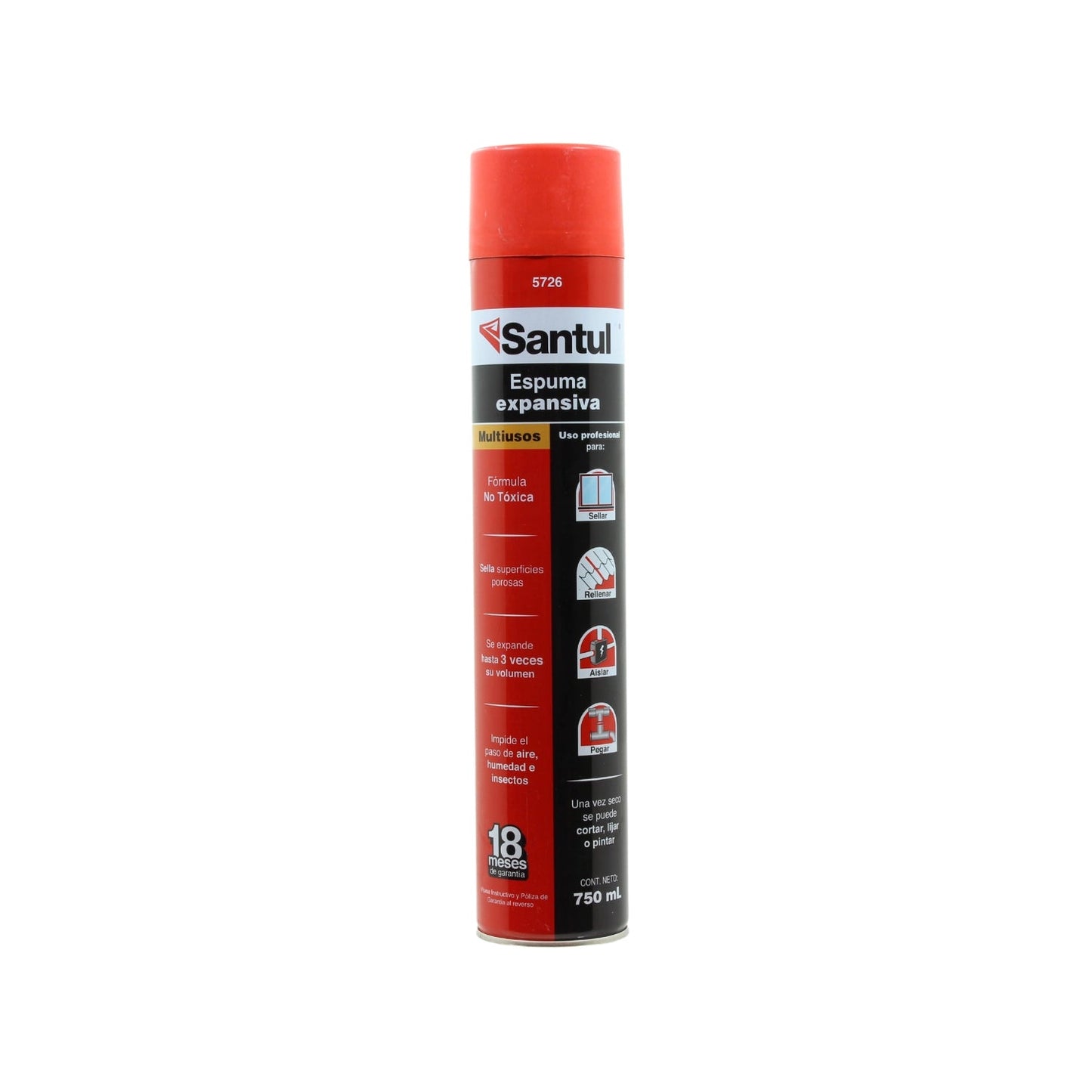 Espuma expansiva de poliuretano Santul 750ml, multiusos, sella, aísla, rellena y pega, lata con tapa roja