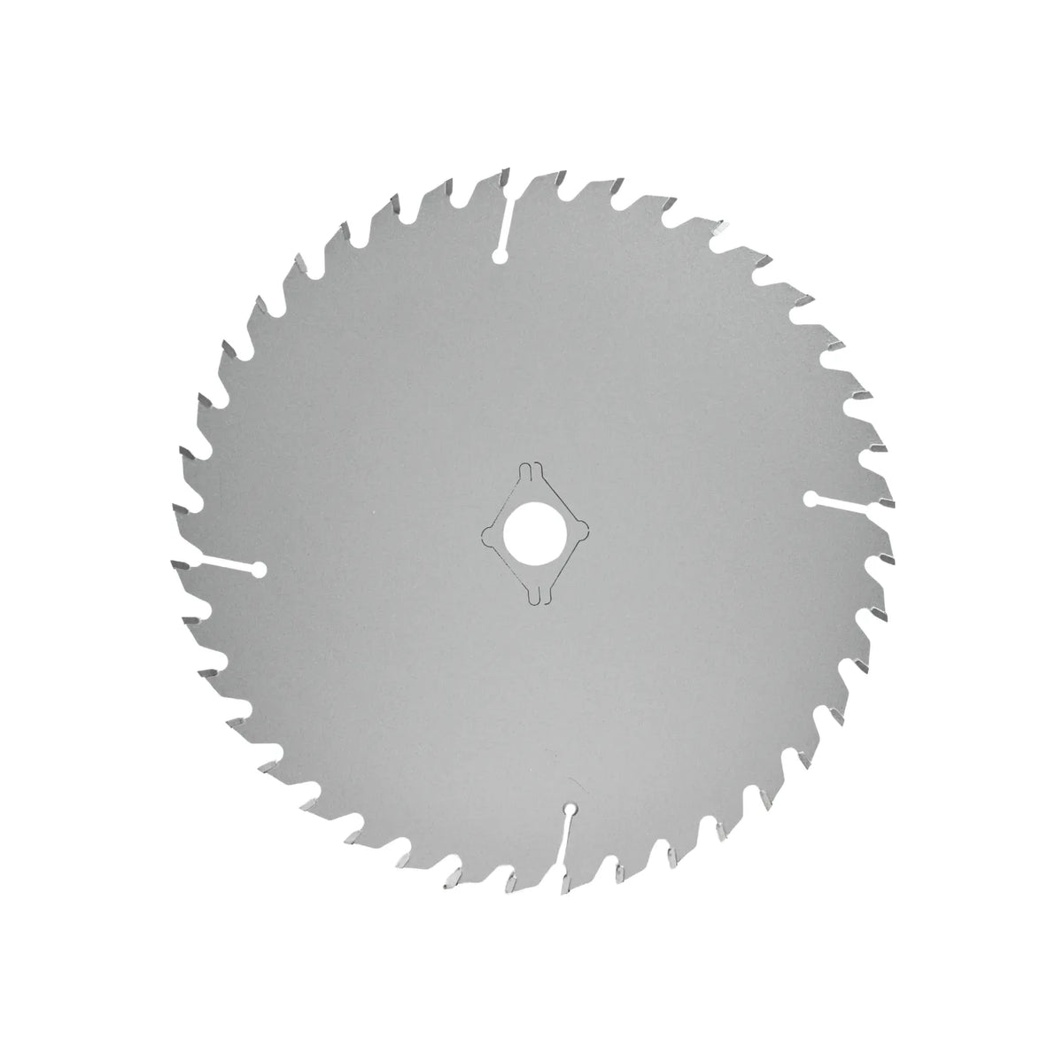 Hoja de sierra circular de acero con dientes afilados y ranuras de expansión para cortes precisos en madera