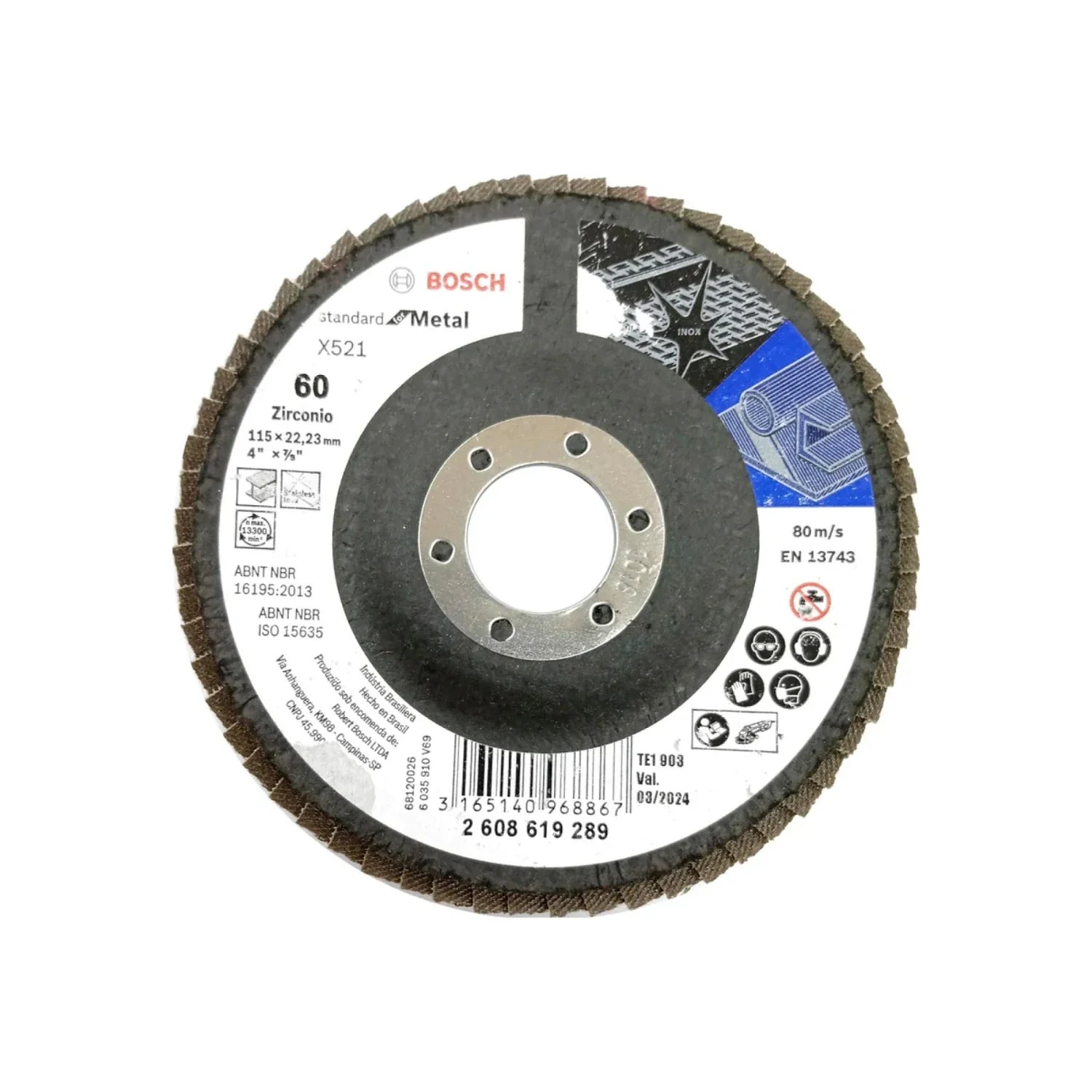 Elaborado de zirconio.,Diámetro: 4 1/2"(114 mm).,Eje: 7/8"(22.23 mm).,Velocidad 13300 RPM,Disco laminado grano 60,Excelente relación costo-rendimiento.,Para esmeriladora angular,,Ideal para metales ferrosos, acero inoxidable.,Usar guantes y lentes de protección al momento de su uso.