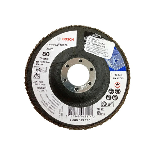 Elaborado de zirconio.,Diámetro: 4 1/2"(114 mm).,Eje: 7/8"(22.23 mm).,Velocidad 13300 RPM,Disco laminado grano 80,Excelente relación costo-rendimiento.,Para esmeriladora angular.,Usar guantes y lentes de protección al momento de su uso.