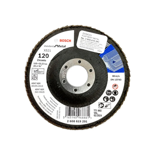 Elaborado de zirconio.,Diámetro: 4 1/2"(114 mm).,Eje: 7/8"(22.23 mm).,Velocidad 13300 RPM,Disco laminado grano 120,Excelente relación costo-rendimiento.,Para esmeriladora angular.,Ideal para metales ferrosos, acero inoxidable.,Usar guantes y lentes de protección al momento de su uso.