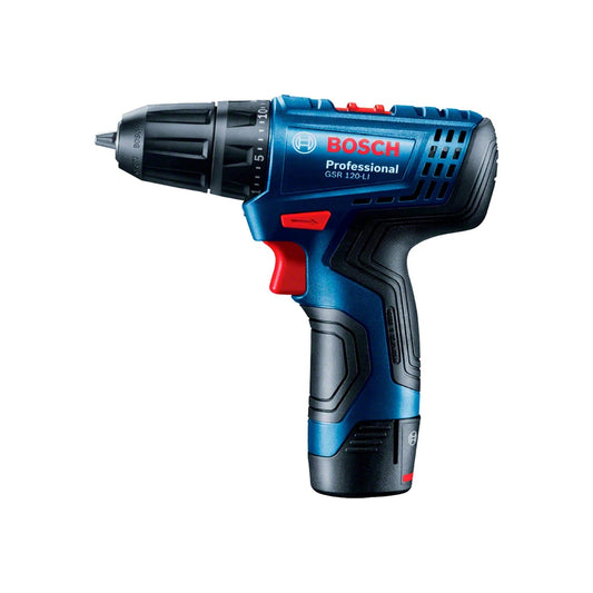 Atornillador inalámbrico Bosch 12V GSR 120-LI profesional, azul y negro, con mandril de ajuste y batería de litio.