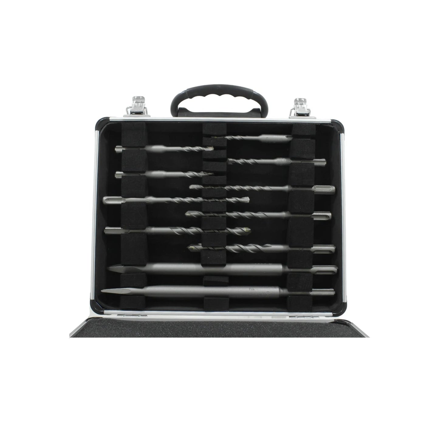 Juego de 11 brocas y cinceles SDS Plus para rotomartillo en estuche de metal negro/gris, resistente para obra.