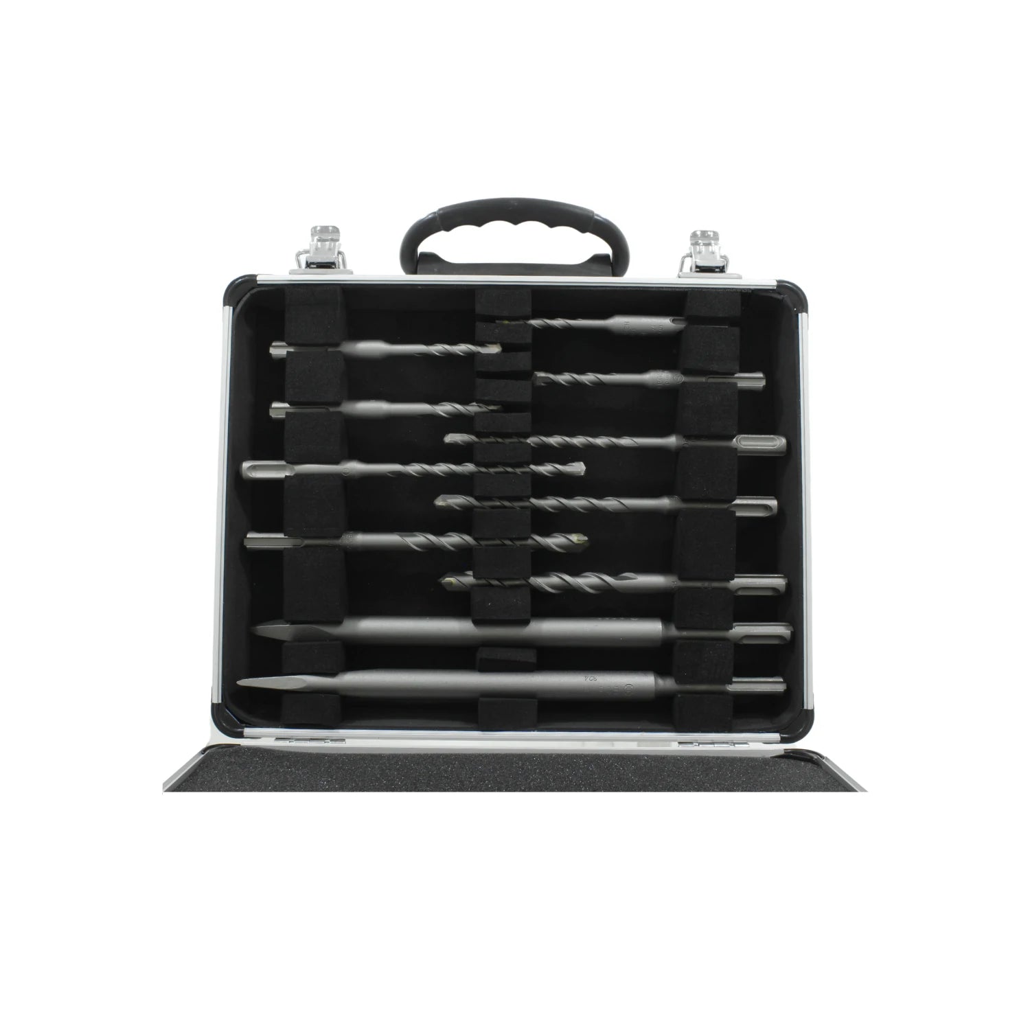 Juego de 11 brocas y cinceles SDS Plus para rotomartillo en estuche de metal negro/gris, resistente para obra.