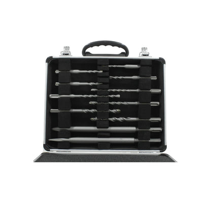 Juego de 11 brocas y cinceles SDS Plus para rotomartillo en estuche de metal negro/gris, resistente para obra.